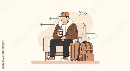 Man waits at the airport with baggage sitting on a chair enjoying a drink before flight