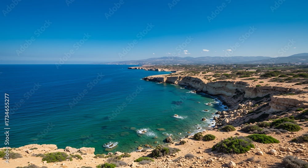 Fototapeta premium Coastal landscape with ocean and cliffs under a bright blue sky