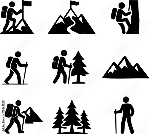 Vector collection of black and white hiking and mountain climbing pictograms representing outdoor activities