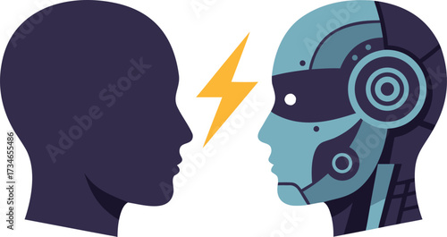 Two profiles — a human and a robot — separated by a lightning bolt. Conflict or rivalry: human intelligence versus artificial intelligence.