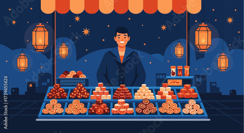 Ramadan sweets vendor offering traditional desserts under the night sky festive atmosphere