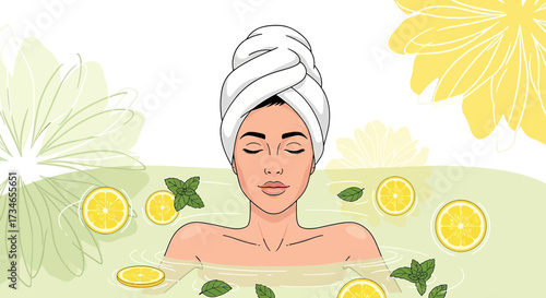 Relaxing citrus bath illustration with a woman wearing a towel on her head cartoon