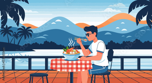 Relaxing seaside meal vector illustration with a man enjoying noodles and mountain views creates a
