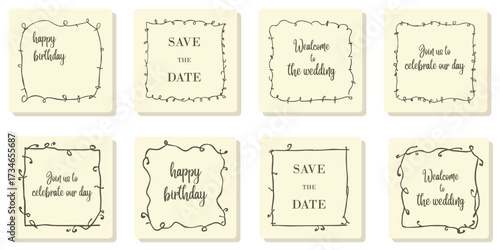 Vintage greeting card set with decorative frames and handwritten calligraphy text. Elegant save the date and happy birthday designs for events and celebrations. Classic template for invitations or ann