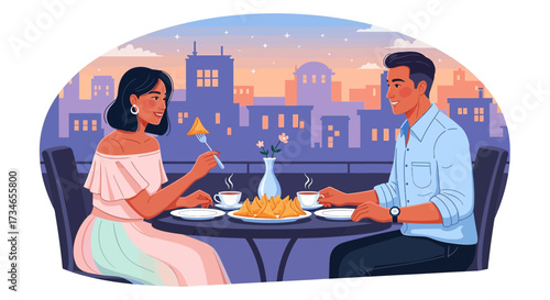 Romantic dinner on a rooftop with a cityscape view in the evening vector illustration