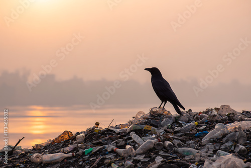 A Crow Perched on a Pile of Waste at Sunset, a stark reminder of environmental pollution.