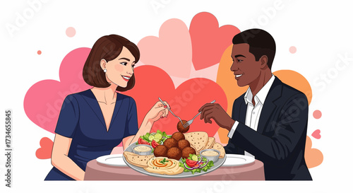 Romantic Middle Eastern Cuisine Dinner: A Loving Couple Sharing Falafel and Hummus with Affection