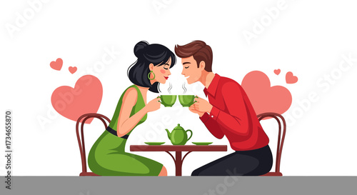 Romantic tea time: An illustration of a couple enjoying tea in a loving atmosphere with hearts