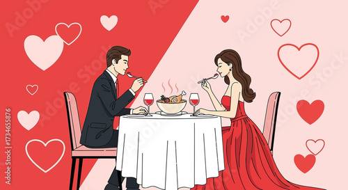 Romantic valentine's day dinner cartoon illustration with couple and hearts background