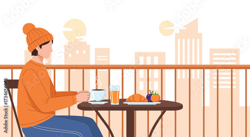 Serene morning breakfast on a balcony with city view and a cup of coffee graphic illustration
