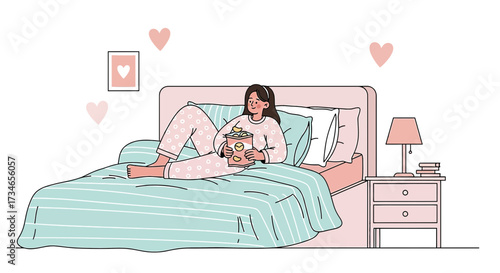 Serene relaxation a girl in polka dot pajamas enjoys chips in bed with hearts around her