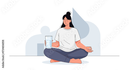 Serene woman meditating with water promoting mindful wellness and hydration habits