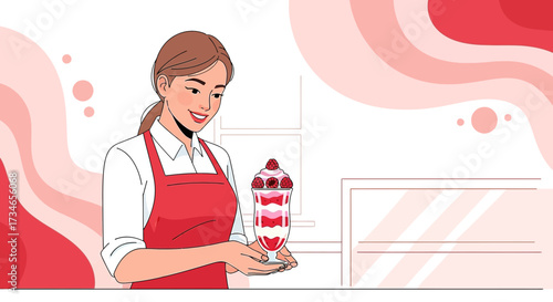 Smiling Woman in Apron Presenting a Delicious Raspberry Parfait Dessert Creation