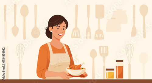 Smiling woman with apron presenting a bowl of chicken soup in a kitchen setting