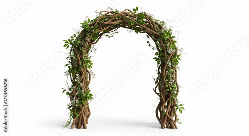 Rustic Organic Archway Woven with Twine, Greenery, and Delicate White Blossoms - Natures Entrance on White Background