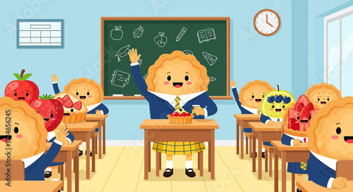 Sweet learning: A whimsical school scene featuring adorable pastry and fruit characters