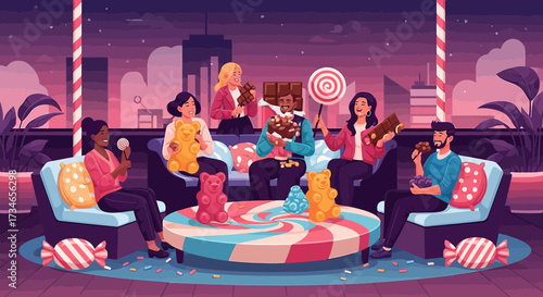 Sweet rooftop gathering friends enjoying candies in a cityscape celebrating happiness and joy