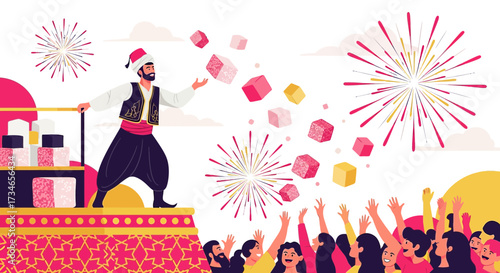 Turkish delight celebration concept with man throwing candies to the crowd with joy