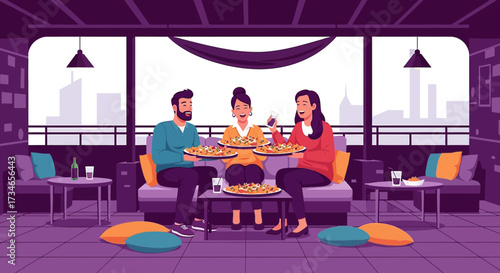 Vector illustration depicting three friends enjoying pizza together on a rooftop terrace with city