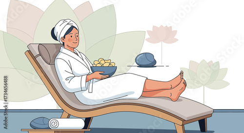 Vector illustration of a woman in a spa relaxing with snacks on a lounge chair surrounded by lotus