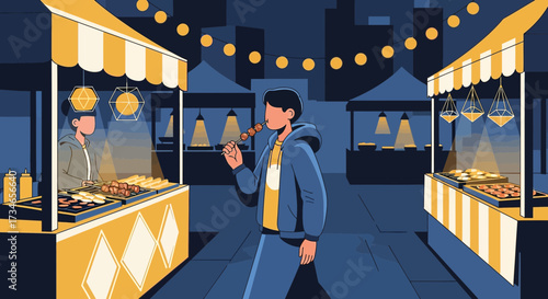 Vibrant Street Food Market Illustration with a Man Enjoying a Skewer at Night Market