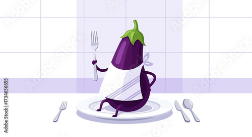 Whimsical Aubergine Character Ready to Dine with Fork and Cutlery Set Illustration