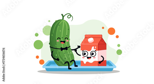 Whimsical cartoon illustration of a smiling cucumber and milk carton friends forever happy