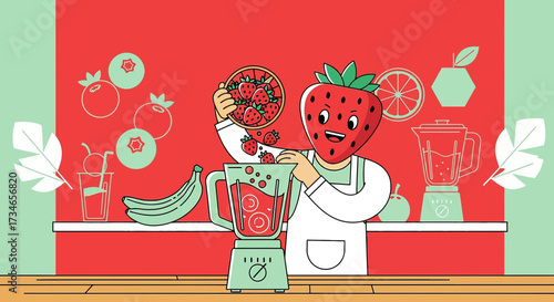 Whimsical illustration of a strawberry character making a smoothie with fresh ingredients