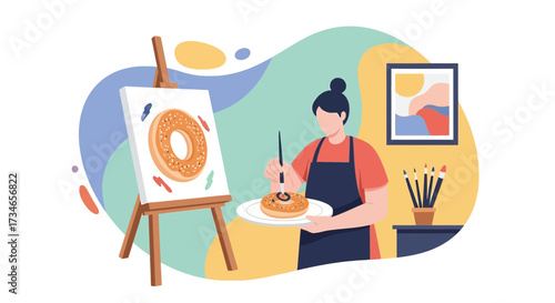 Whimsical illustration of a woman painting a doughnut in a colorful and creative studio setting