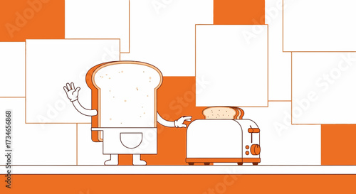 Whimsical toast character interacting with a toaster in an orange and white kitchen setting