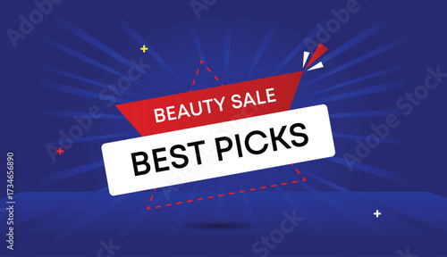 Beauty Sale Best Picks Editable Web Banner Vector Art Template Design Badge Icon Label Red Gradient White Shapes Blue Dark Light Sun Shine Abstract Business Background Creative Modern Trendy Eye Catch