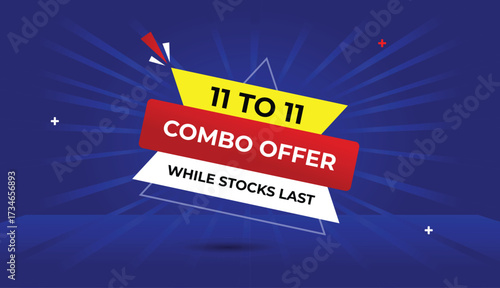 11 to 11 combo offer editable web banner vector art template design badge icon label white yellow red gradient shapes blue light sun shine abstract business background sale promotion marketing retail