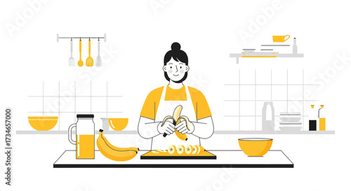 Woman Preparing Healthy Banana Snack in Kitchen, Promoting Wellness and Nutrition