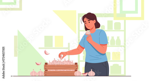 Woman inspecting a crate of garlic in a pantry or kitchen with abstract background
