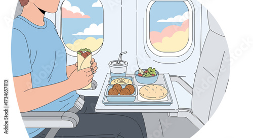 Woman enjoys in-flight meal with view from airplane window a passenger eating wrap