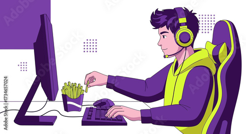 Young gamer with headset enjoying fast food and digital world playing online game