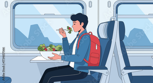 Young man enjoys fresh salad during train journey, promoting healthy eating habits