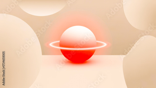 Abstract glowing orb with ring resembling a planet on a soft pastel background with organic shapes