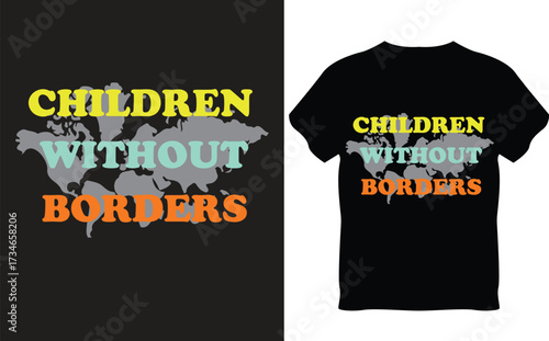 Global Children Without Borders T-Shirt Design with World Map Concept and Bold Typography.