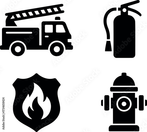 Vector illustration of fire truck, fire extinguisher, fire shield, and fire hydrant icons