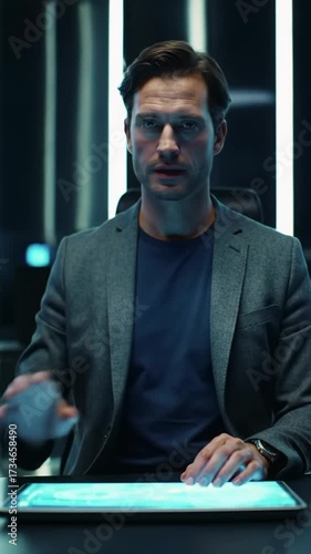 A poised gender-neutral professional in business casual interacts with a holographic interface in an ultra-modern control room, glowing data displays. Cool blue/cyan light, warm key light. Seamless