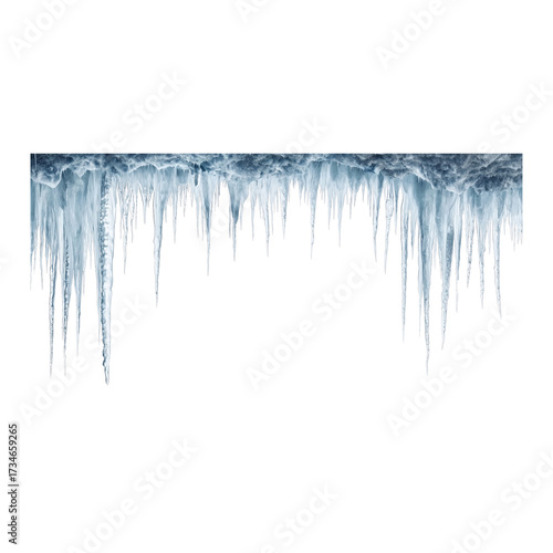  icicles hanging down, isolated on a white background. icicle border. 