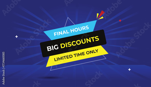 final hours big discounts limited time only editable web banner vector art template design badge icon label light ice blue black yellow shapes sun shine abstract business background blue light
