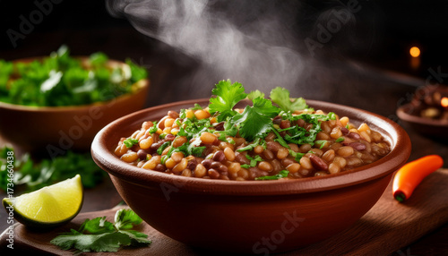 Steaming Gallo Pinto In A Clay Bowl Garnished With Cilantro Embodying Traditional Costa Rican Cuisine