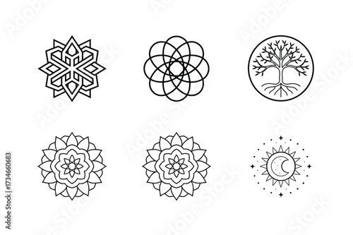 Collection of six minimalist geometric and celestial line art icons for sacred geometry and mystical designs