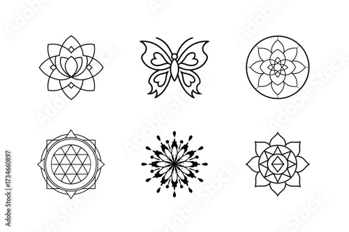 Tibetan mandala, Set of six ornamental mandala designs and a butterfly silhouette in line art style