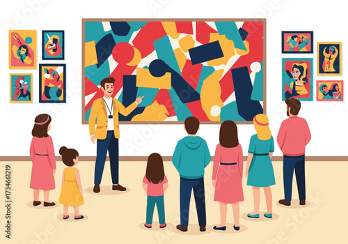 Vector illustration of art gallery tour with a guide explaining a colorful abstract painting to a diverse group of visitors of all ages