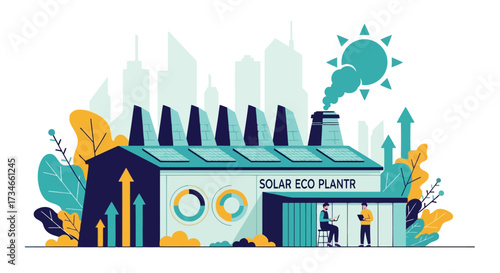 Vector illustration of solar eco plant with renewable energy concept, modern building with solar panels and sun, concept of green energy and sustainability