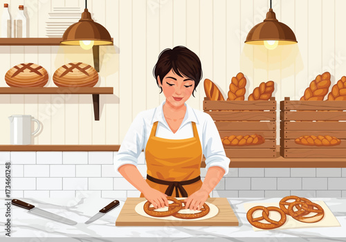 Vector illustration of baker woman making pretzels in a bakery, surrounded by bread and baked goods, warm and inviting atmosphere