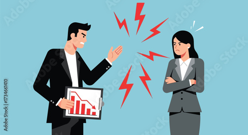 Vector illustration of a man in a suit argues with a woman in a suit, holding a clipboard with a downward trending graph, conveying workplace conflict